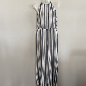 Emory Park Women's Wide Leg‎ Capri Romper Medium Navy White Strips Halter Top